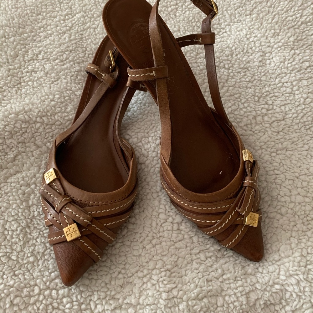 Tory Burch leather sling back with golden accents